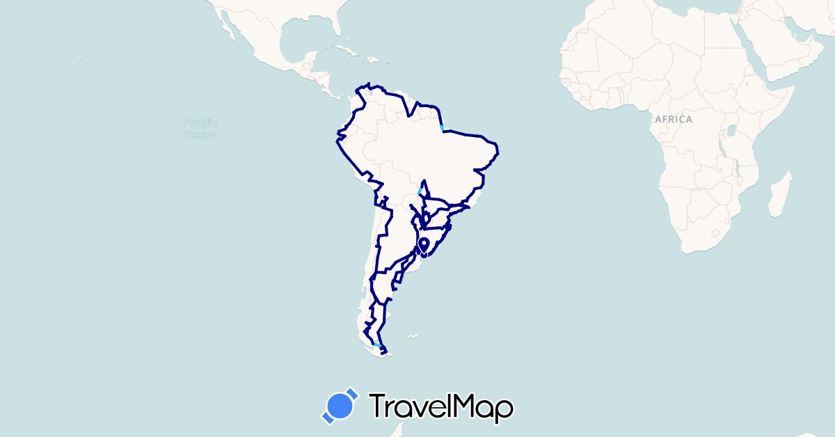 TravelMap itinerary: driving, hiking, boat in Argentina, Bolivia, Brazil, Chile, Colombia, Ecuador, French Guiana, Guyana, Peru, Paraguay, Suriname, Uruguay, Venezuela (South America)